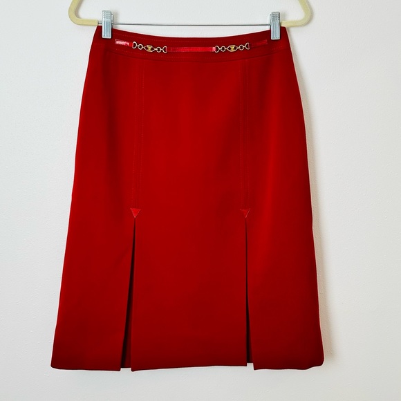 Authentic Celine 100% wool pleated midi skirt with gold chain waist saffron red - Picture 7 of 12